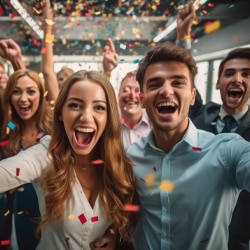 Happy diverse employees team celebrating success business achievement among confetti in modern office