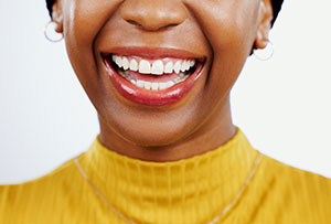 Teeth whitening, smile and closeup of black woman