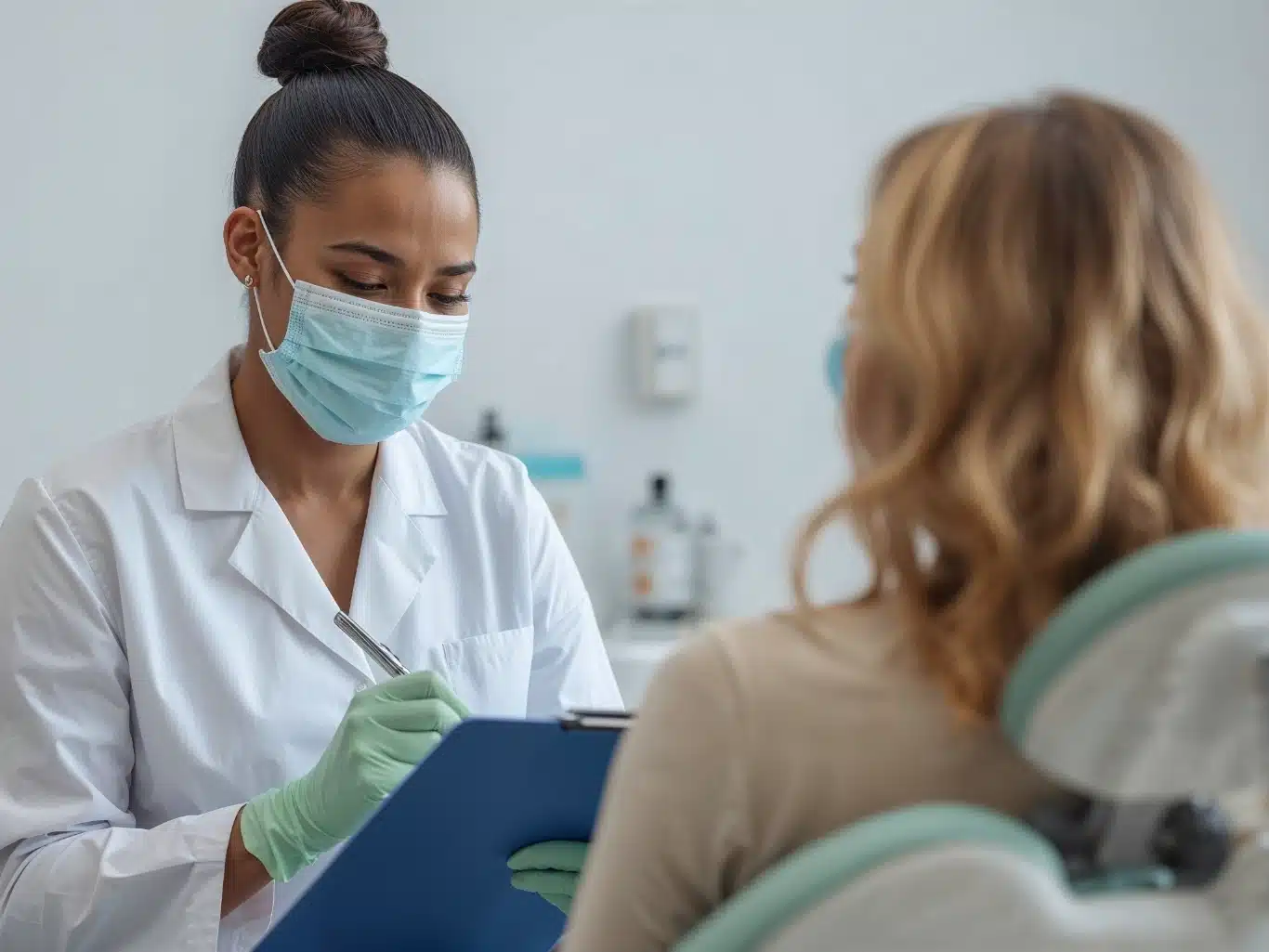 Consultation in modern dental clinic Dentist in medical mask and gloves filling out patients medical history