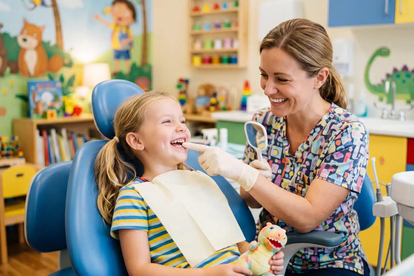 child dental exam happy Child smiling during dental checkup with friendly dentist assistant