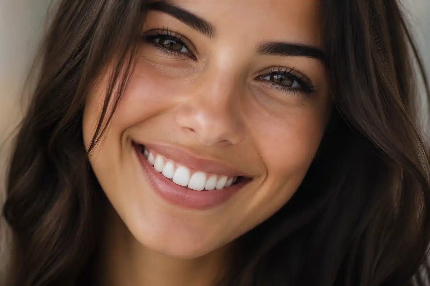 woman smiling natural teeth closeup Smiling woman with clear skin and long dark hair