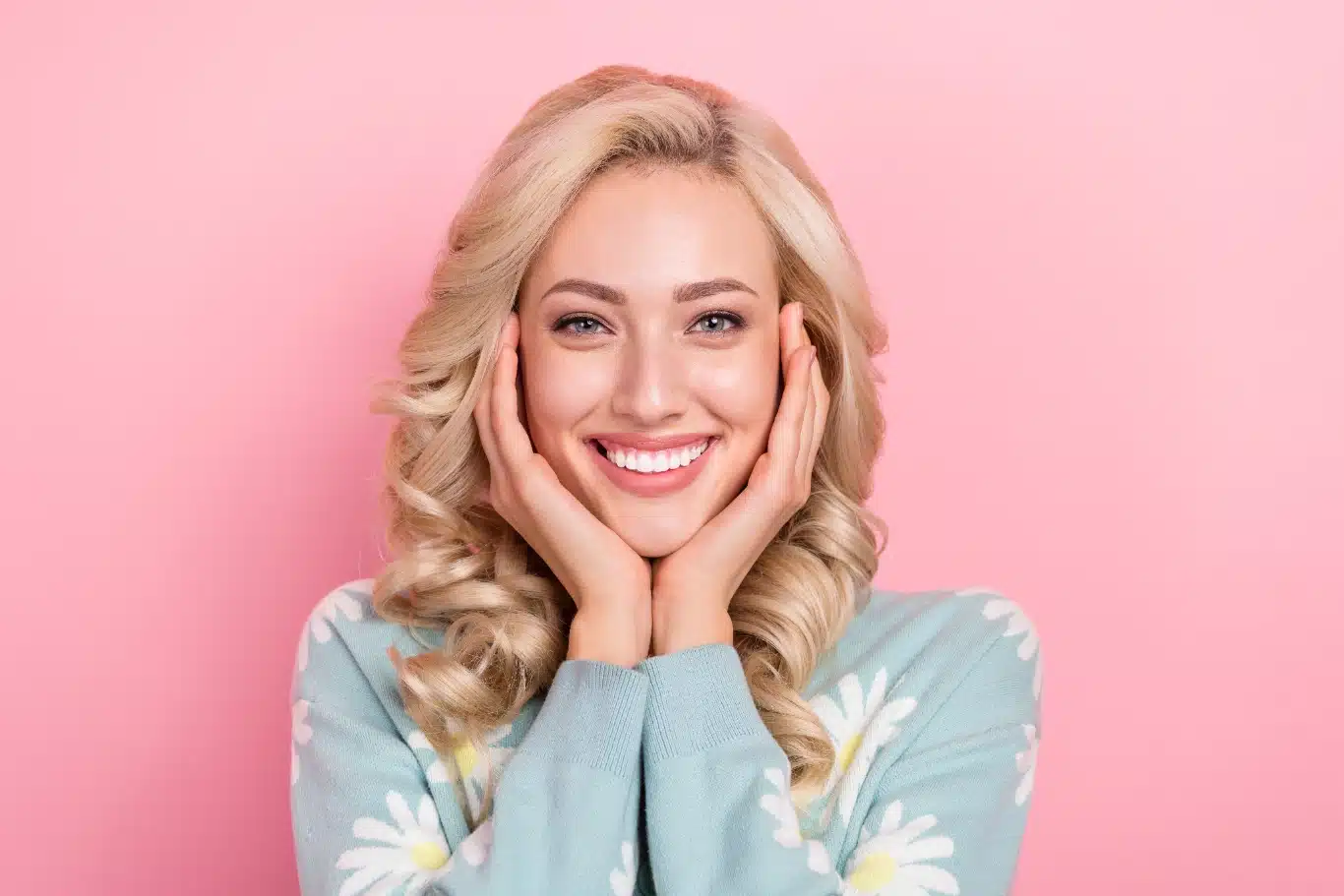 woman bright natural veneers smile Smiling blonde woman with perfectly straight white teeth showcasing porcelain veneer cosmetic dentistry results